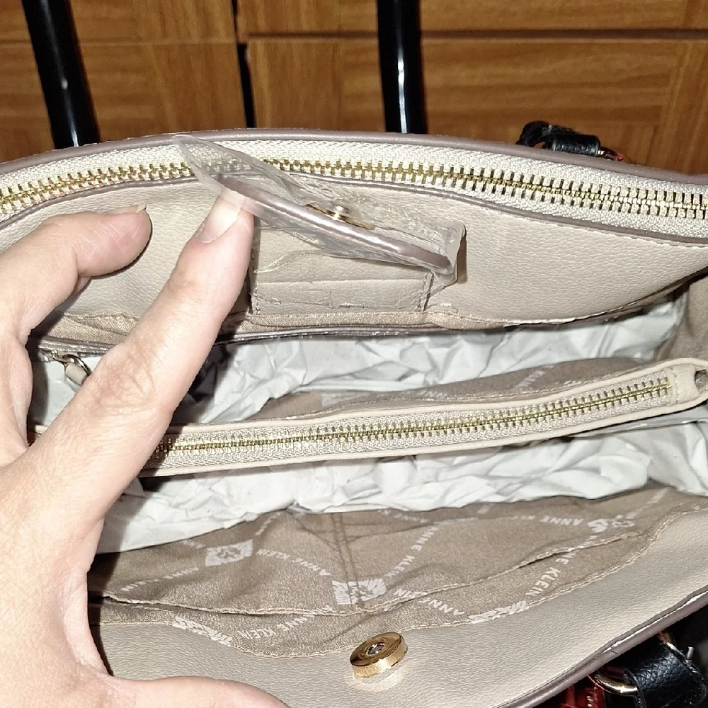 Anne Klein Taupe and Black Satchel with Snakeskin Accents - Picture 2 of 6